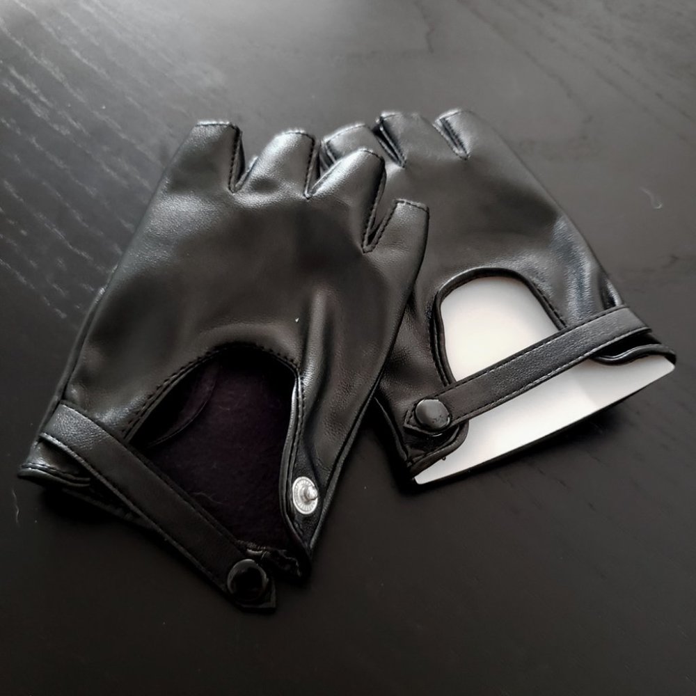 Pair of Black Faux Leather Fingerless Motorcycle Gloves